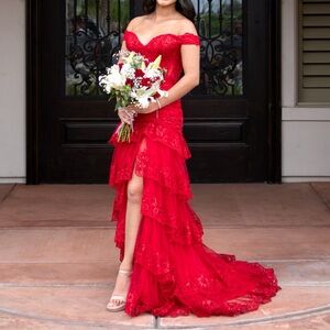 Red Tiered Lace Mermaid Evening Gown